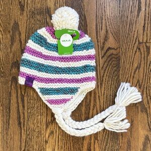 Bula Wool Blend Striped Knit Ear Flap Pom Pom Trapper Hat Braided Tie Winter OS